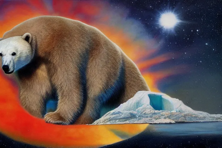 Prompt: polar bear blessed by the amoeba, painted by russ nicholson and chesley bonestell, trending on artstation, dramatic red or cyan lighting tilt - shift multiple exposure, doge, colored pencil art, macro, monumentalism