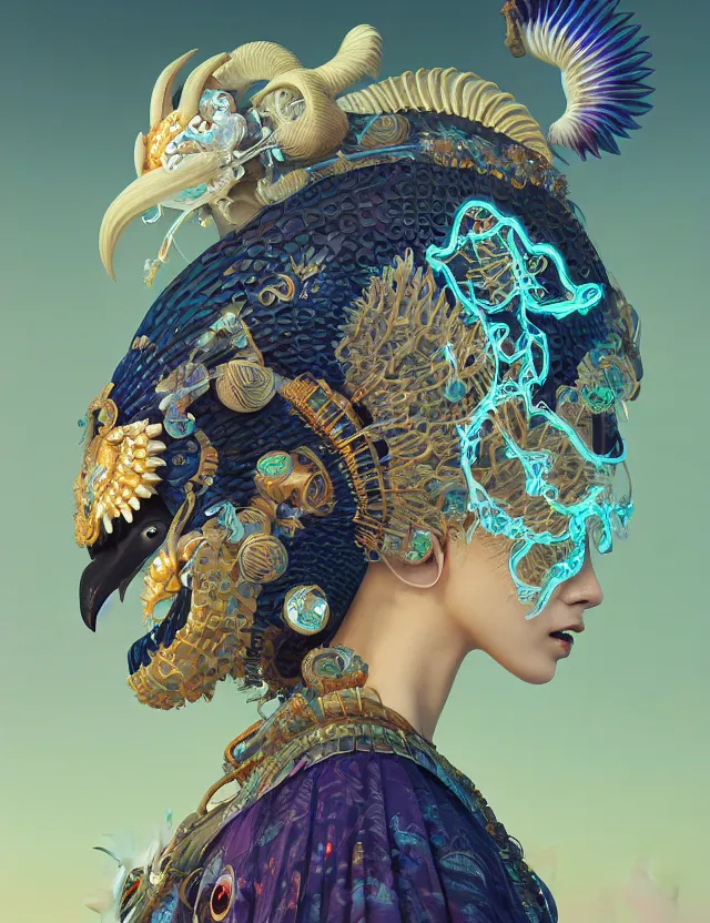 Image similar to 3 d goddess close - up profile solarpunk portrait ram skull. beautiful intricately detailed japanese crow kitsune mask and clasical japanese kimono. betta fish, jellyfish phoenix, bio luminescent, plasma, ice, water, wind, creature, artwork by tooth wu and wlop and beeple and greg rutkowski