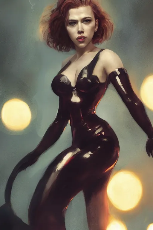 Image similar to a fancy portrait of Scarlett Johansson as cat women by Greg Rutkowski, Sung Choi, Mitchell Mohrhauser, Maciej Kuciara, Johnson Ting, Maxim Verehin, Peter Konig, final fantasy , mythical, 8k photorealistic, cinematic lighting, HD, high details, atmospheric,