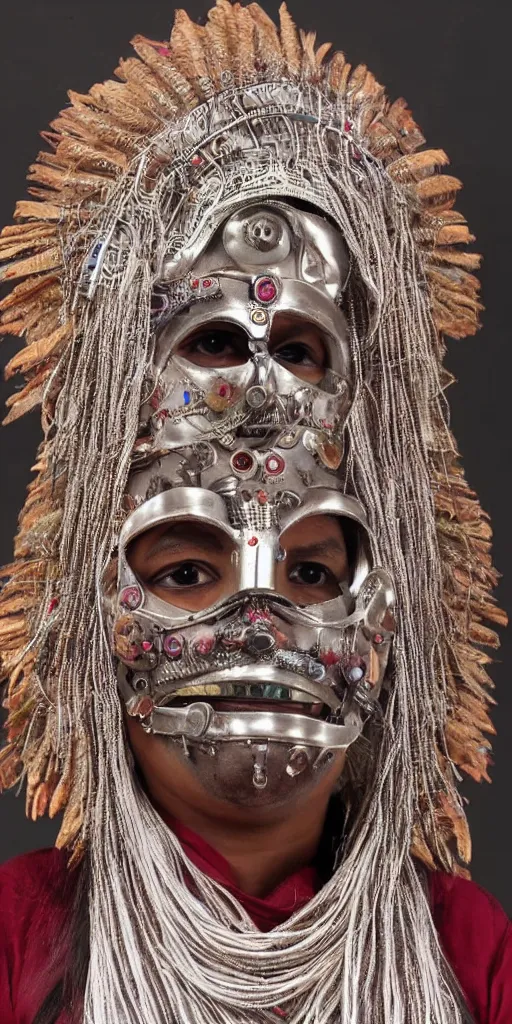 Prompt: a beautiful cyborg made of indian ceremonial maske