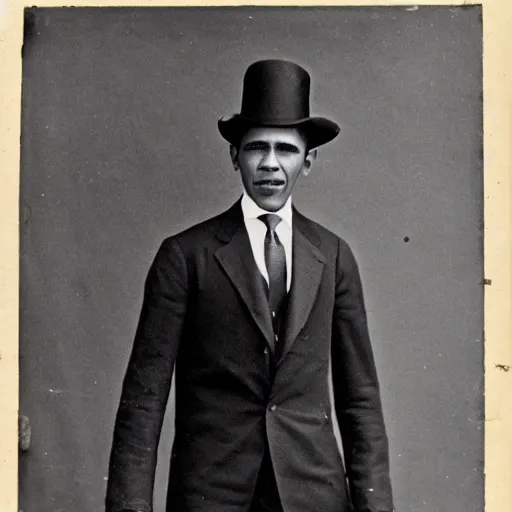 Prompt: studio photo from 1870 of Barack Obama wearing a contemporary three piece suit and a fedora