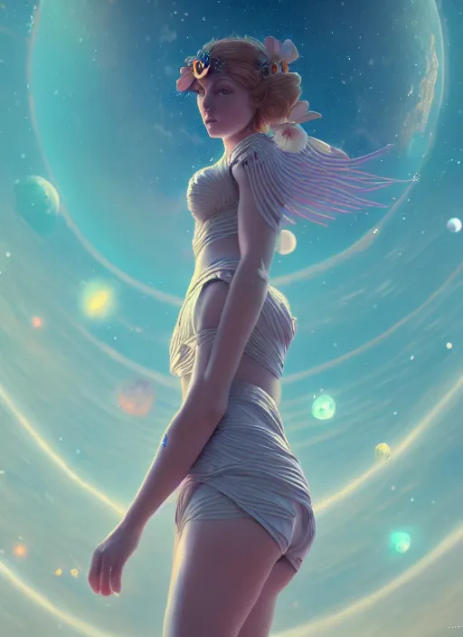 Image similar to a beautiful goddesses, full body, planets, sky, dream, highly detailed, digital painting, refreshing, trending on artstation, octane render, illustration by james jean