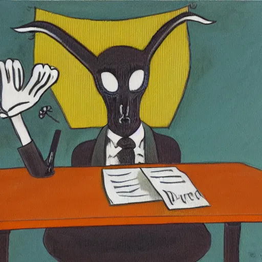 Prompt: an oil painting of an exhausted baphomet at an office desk, in the style of gary baseman, robert crumb, jim henson, expressionism