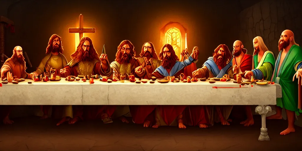 Image similar to dungeon and dragons last supper by wes anderson, digital painting, trending on artstation, sharp focus, 4 k