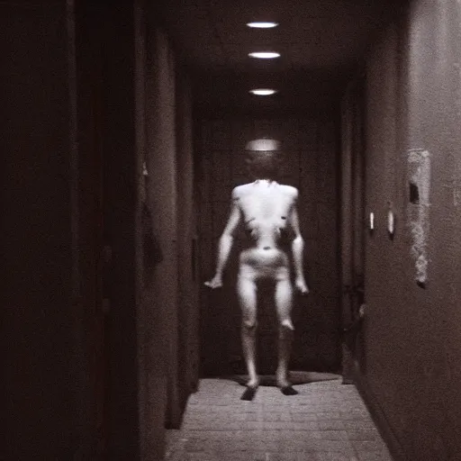 Image similar to hi - 8 night vision camera footage of a barely visible minotaur with red eyes in a dark hallway