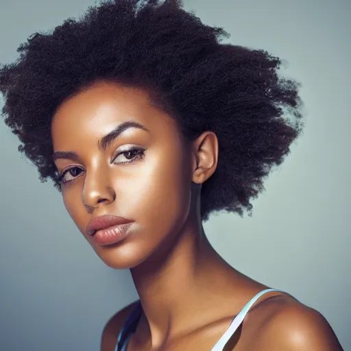 Prompt: crisp image of beautiful woman with natural hair and symmetrical facial features photographed by Canon EOS, cinematic lighting, natural complexion, extremely high definition shot, aesthetic canon of proportions