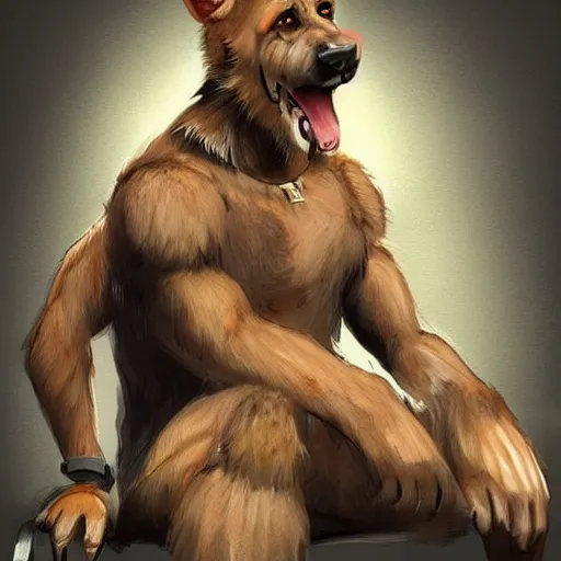 Image similar to a humanoid german shepherd beast - man, sitting on a couch and puts on jeans, artstation, concept art, smooth, sharp foccus ilustration, artstation