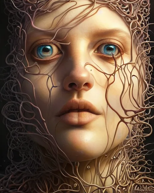 Image similar to detailed portrait of biopunk drew barrymore ( marshmallow string ) fractal ( chocolate ) ( graham cracker ) beautiful! by tomasz alen kopera and peter mohrbacher and johanna martine! and margaret keane! elegant alluring luminescent