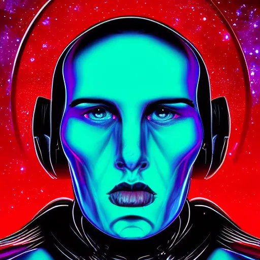 Image similar to portrait from a raven crow alien, synthwave, universe background, nebula, galaxy, artstation