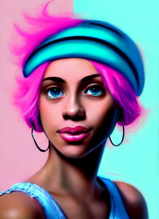 Image similar to portrait of teenage vanessa morgan with bright pink hair, black girl, curly pixie cut hair, wearing newsboy cap, pink short haircut, newsboy cap, hoop earrings, blue eyes, intricate, elegant, glowing lights, highly detailed, digital painting, artstation, concept art, smooth, sharp focus, illustration, art by wlop, mars ravelo and greg rutkowski