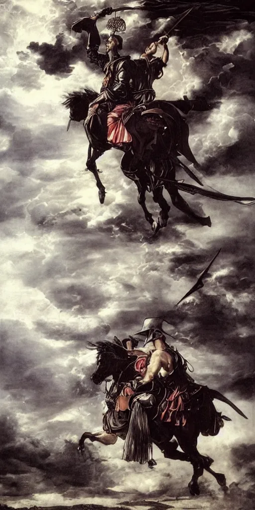 Prompt: spanish police arresting donquixote during a stormcloud with dramatic airbrushed clouds over black background by Luis royo and Caravaggio airbrush fantasy 80s, realistic masterpiece