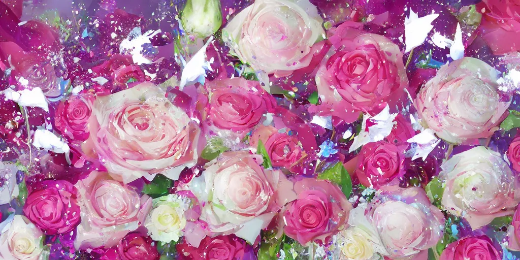 Image similar to background art of magic invisible force blade slicing through a bouquet of white and pink roses, flowers exploding and splattering, paint splatter, acrylic, exploding roses, large rose petals, lotus petals, large polygonal background elements, large polygons, studio ghibli anime, radiant lighting, artgerm, manga, trending on artstation, art nouveau, mature colors