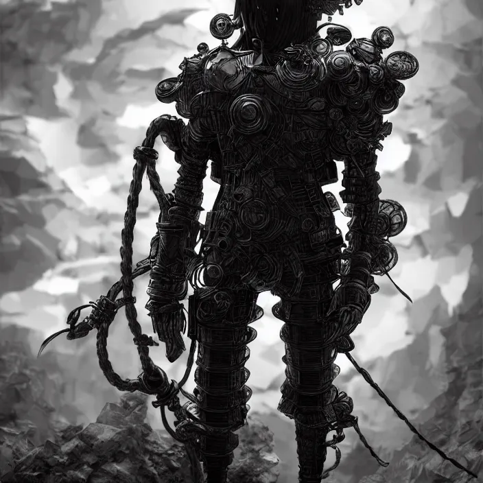 Prompt: a vertical portrait of a manga character in a scenic environment by nihei tsutomu, black and white, dreamy, steampunk armor, highly detailed, 3 d render, vray, octane