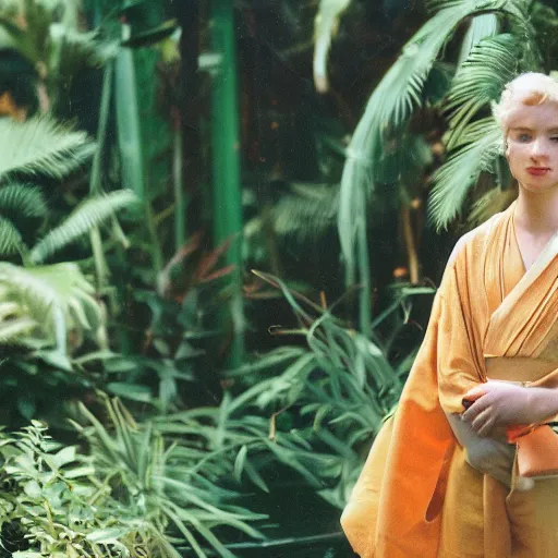 Prompt: head to waist medium format portrait photograph of an elegant blond woman wearing a yellow kimono in a tropical greenhouse. looking at the camera!!. super resolution. 85 mm f1.8 lens.bokeh.graflex. by William Adolphe Bouguereau