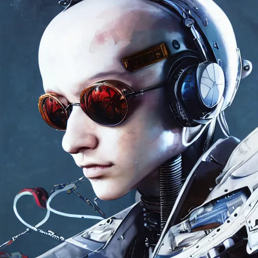 Image similar to highly detailed portrait of a post-cyberpunk robotic HeadHunterz ((HeadHunterz)) by Akihiko Yoshida, Greg Tocchini, Greg Rutkowski, Cliff Chiang, 4k resolution, persona 5 inspired, hardstyle music inspiration