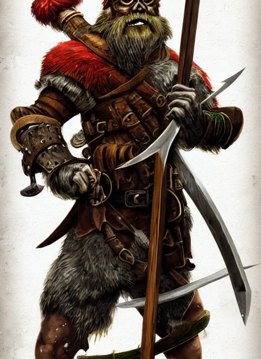 Image similar to strong young man, photorealistic bugbear ranger holding a flaming sword, black beard, dungeons and dragons, pathfinder, roleplaying game art, hunters gear, jeweled ornate leather and steel armour, concept art, character design on white background, by alan lee, norman rockwell, makoto shinkai, kim jung giu, poster art, colours red and green