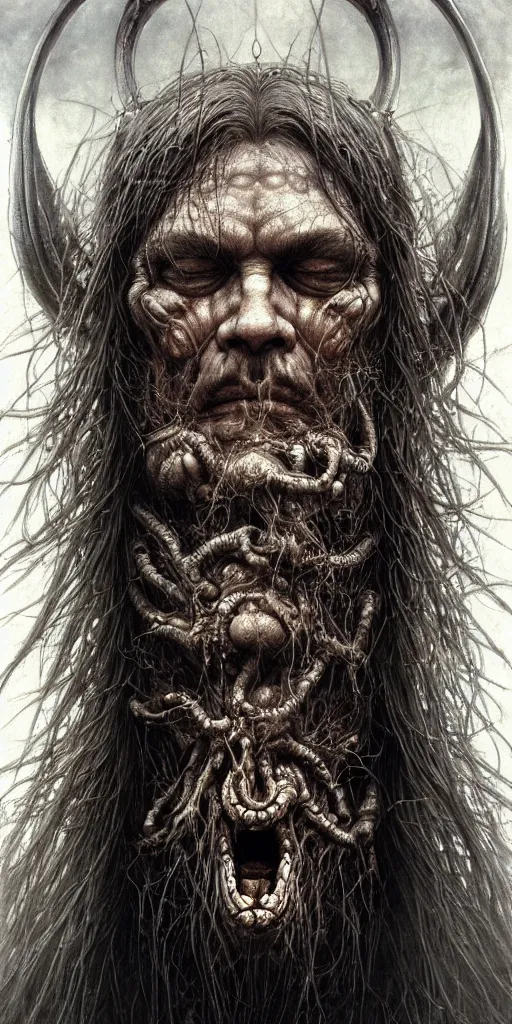 Prompt: very very beautiful portrait photo of chthonic Viking keyframe face, Perfect face, colossal scale, extremely high details, realistic, by Ayami Kojima, Beksinski, Giger