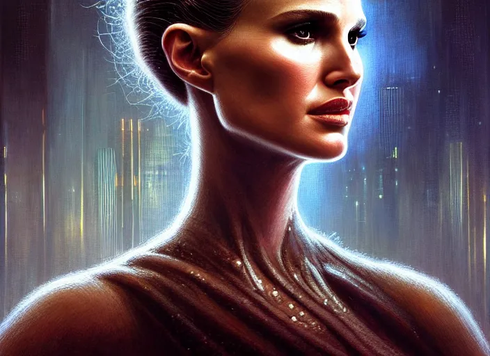 Image similar to portrait shot of natalie portman in bladerunner, intricate, elegant, highly detailed, centered, digital painting, artstation, concept art, smooth, sharp focus, illustration, artgerm, tomasz alen kopera, peter mohrbacher, donato giancola, joseph christian leyendecker, wlop, boris vallejo
