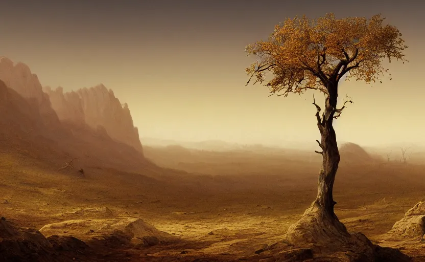 Image similar to barren wasteland in a field, some trees, close up shot, rocky, at dusk, distant mountains, 4k, rule of thirds, extreme detail, hazy, intricate ink illustration, surreal, surrealist, trending on artstation, cgsociety, hd, calm, complimentary colours, realistic lighting, by Albert Bierstadt, Frederic Edwin Church.