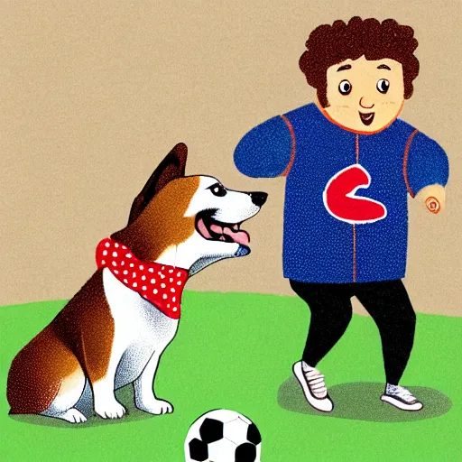 Image similar to illustration of french boy in paris playing football against a corgi who is wearing a polka dot scarf