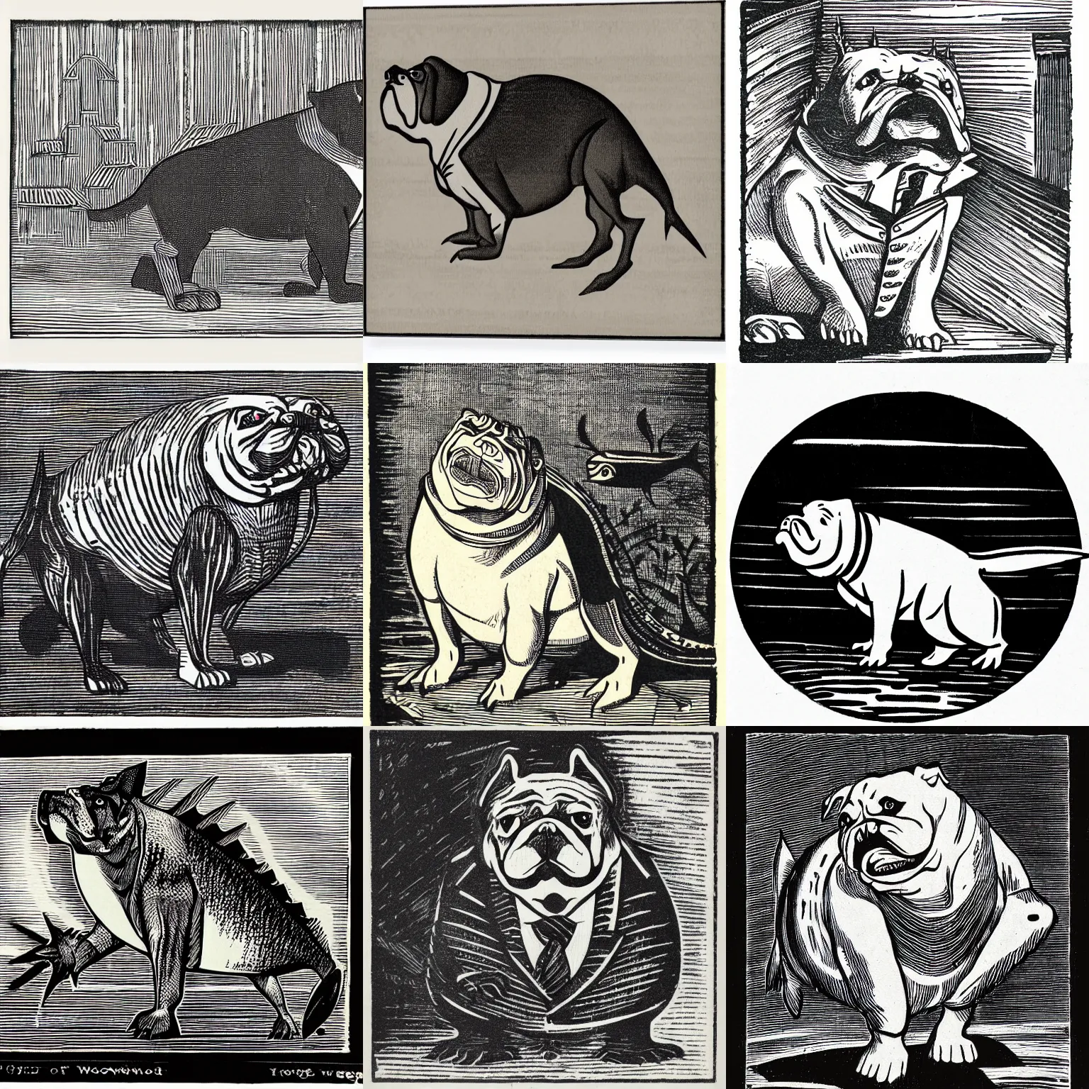 Prompt: tonalist woodcut of bulldog - fish creature wearing a suit, black and white