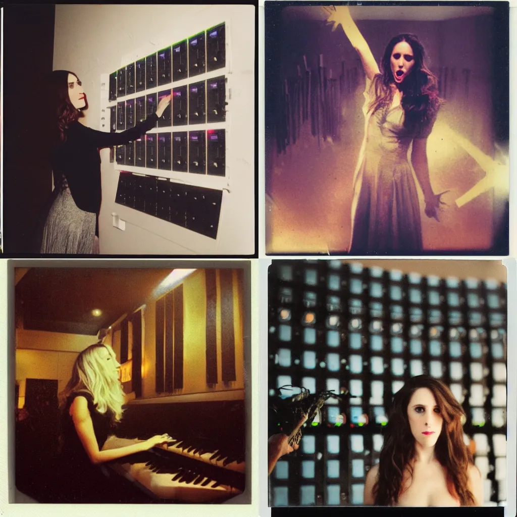 Prompt: polaroid photograph of allison brie as a witch worshipping a wall of synthesizers