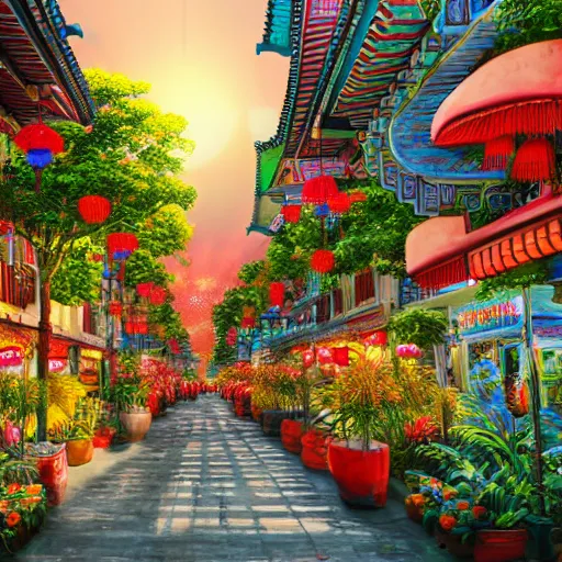 Prompt: A Chinatown full of flowers and tropical plants, with a sunset ,digital art, trending on artstation, HDR