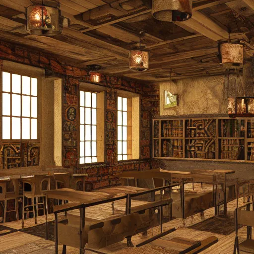 Image similar to Interior design Tavern in Mixed style Medieval and Cybepunk, Many details