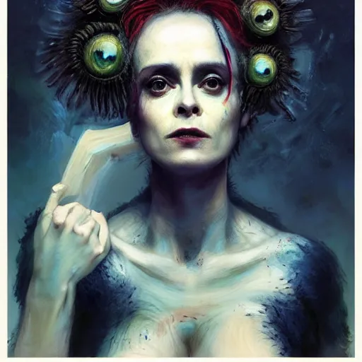 Image similar to expressive oil painting, alien dark fae girlboss based on helena bonham carter mixed with sigourney weaver, bumpy mottled skin, big black feathered wings instead of arms, body horror, by yoshitaka amano, by greg rutkowski, by jeremy lipkinng, by artgerm, digital art, octane render