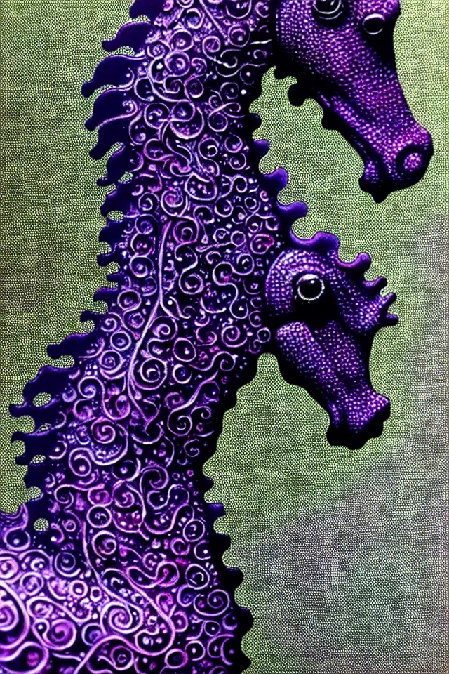 Image similar to a close - up portrait of a purple ornate seahorse statue, black paper, billions of details, beautiful intricate painting by kokaris