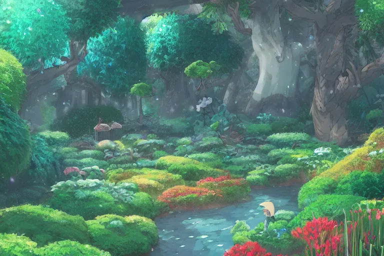 Prompt: magical garden. 4 k digital paint by studio ghibli hayao miyazaki. very sharp and detailed. trending on artstation and behance.