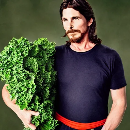 Prompt: christian bale wearing a kale costume, photography, cover