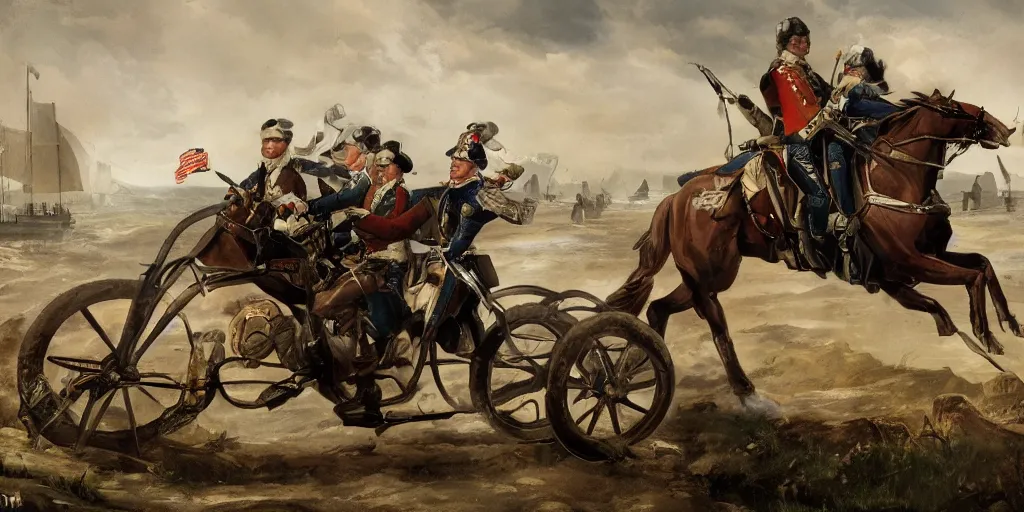 Image similar to George Washington rides a motorcycle to attack the British army in the revolutionary war, epic, cinematic, concept Art, detailed, 4K