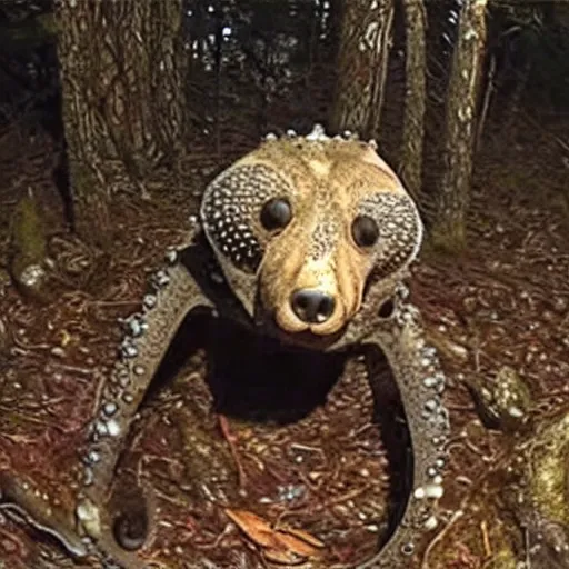 Image similar to disturbing footage of a octopus bear hybrid cryptid spotted at night, trailcam footage, low quality night camera