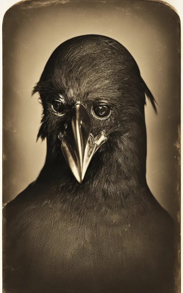 Image similar to portrait of a humanoid crow wearing a man face as mask, daguerreotype, studio lighting, hyperrealistic, ultra detailed