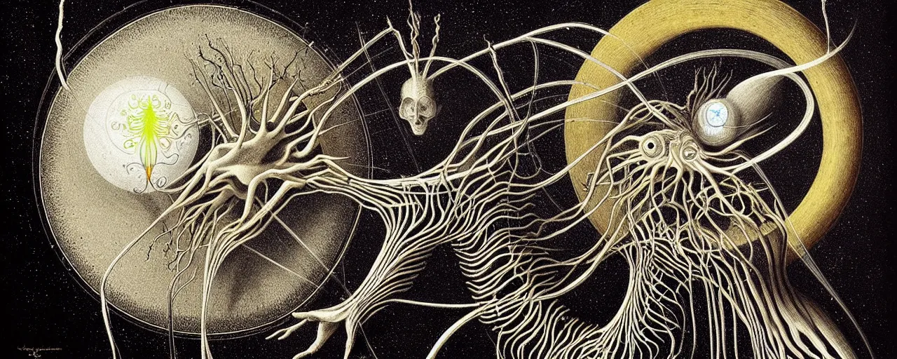 Image similar to a strange earth creature with endearing eyes radiates a unique canto'as above so below'while being ignited by the spirit of haeckel and robert fludd, breakthrough is iminent, glory be to the magic within, in honor of saturn, painted by ronny khalil