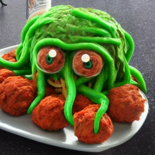 Prompt: Cthulhu with spaghetti as its tentacles, and a meatballs as its eyes
