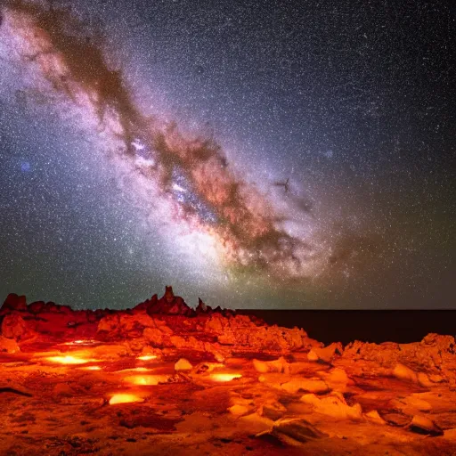 Prompt: Milky Way as seen in the night sky from stalagmite covered rock surface of an alien planet located in a different part of the galaxy, NASA true color 8k image, high detail