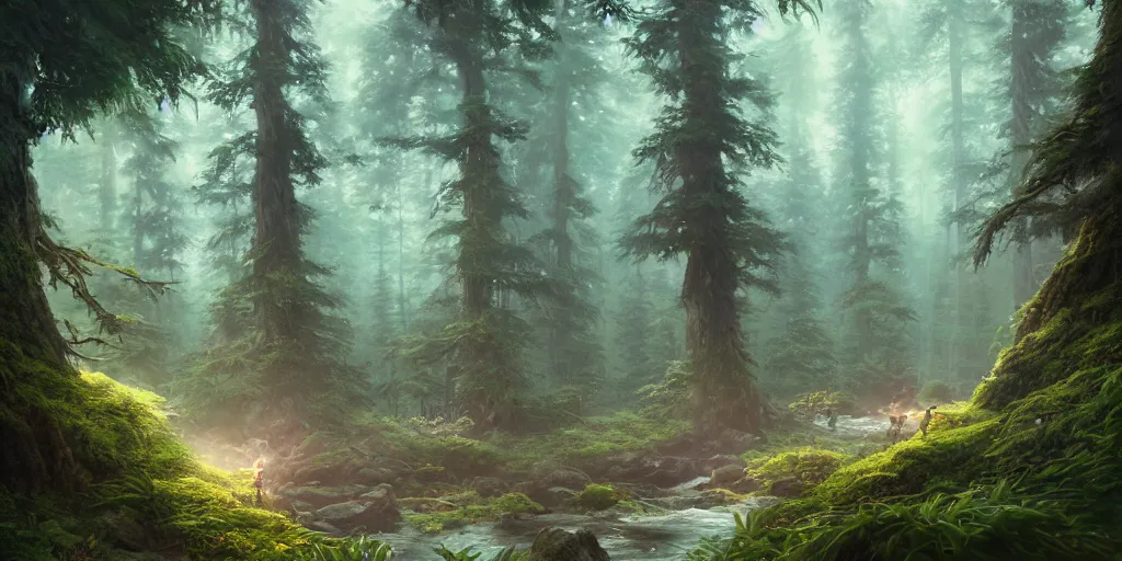 Image similar to a forest, highly detailed oil painting, hyperrealism, ideal lighting, Studio Ghibli, Jessica Rossier, digital art, octane render, beautiful composition, trending on artstation, masterpiece