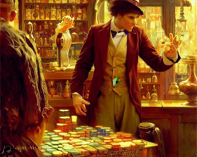 Image similar to attractive magician man, in magic shop. highly detailed painting by gaston bussiere, craig mullins, j. c. leyendecker