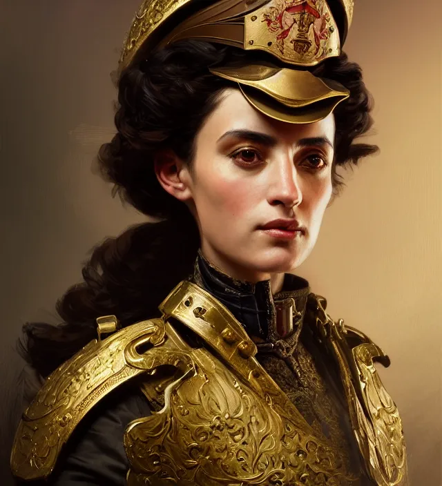 Image similar to portrait of a sicilian woman wearing a traditional nineteenth century kingdom of sicily military jacket, metal shoulder pauldrons, intricate, highly detailed, digital painting, artstation, concept art, sharp focus, cinematic lighting, illustration, art by artgerm and greg rutkowski, alphonse mucha, cgsociety