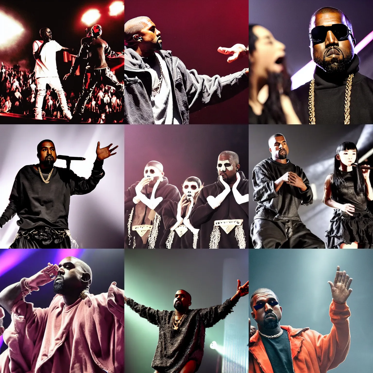 Prompt: Kanye West in corpsepaint performing with Babymetal