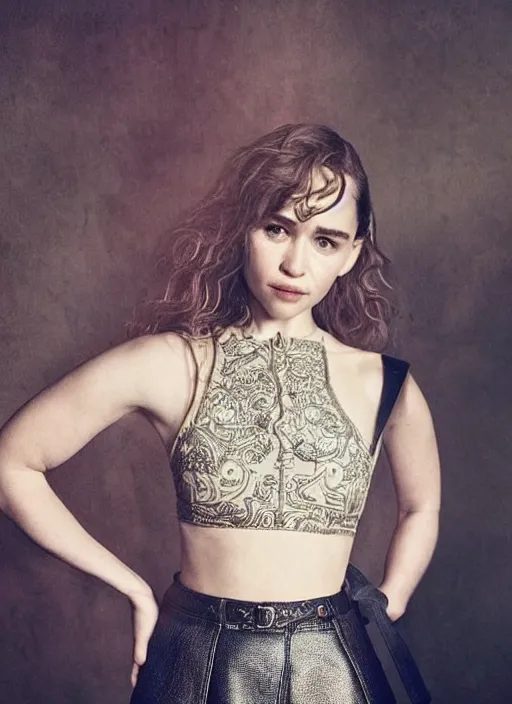 Image similar to emilia clarke in mini skirt and crop top tank top, platform boots, beautiful face, intricate, extremely detailed, modeling photography, 8 0 mm camera, dramatic lighting, dark room, body and face