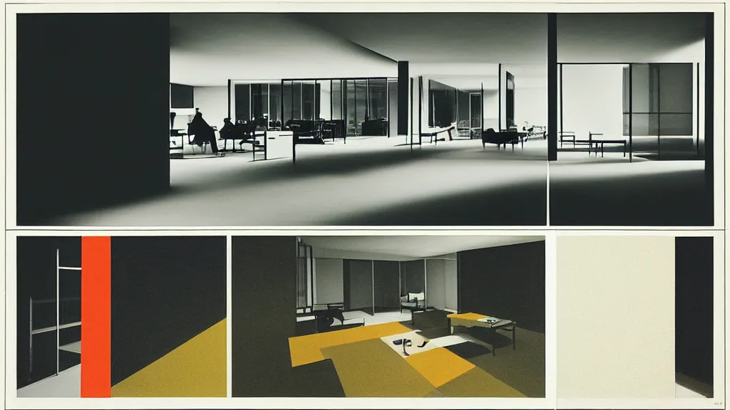 Image similar to “a photocollage made by Mies van der Rohe, design process, detailed color scan”