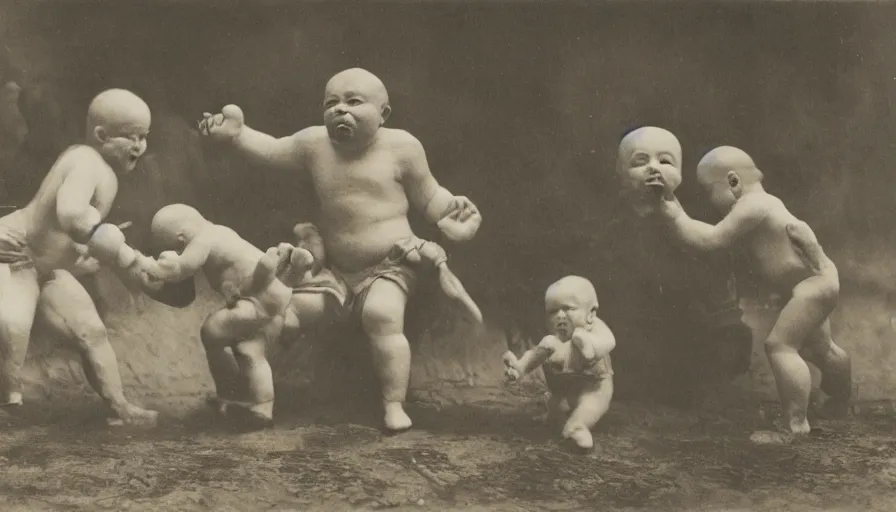 Prompt: giant man - babies battling, photograph, historic, detailed