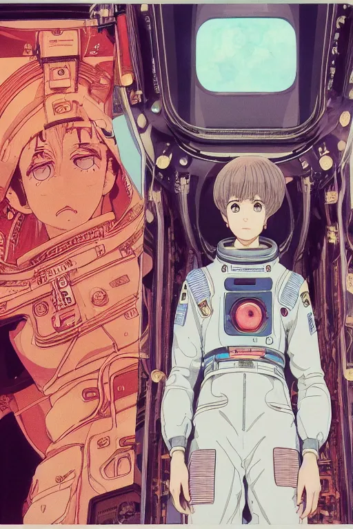 Prompt: Cinestill 800t, 8K, highly detailed, moebius seinen manga 3/4 closeup portrait, clear eyes, focus on art nouveau jump suit, tilt shift moebius background: famous moebius anime remake, space station scene