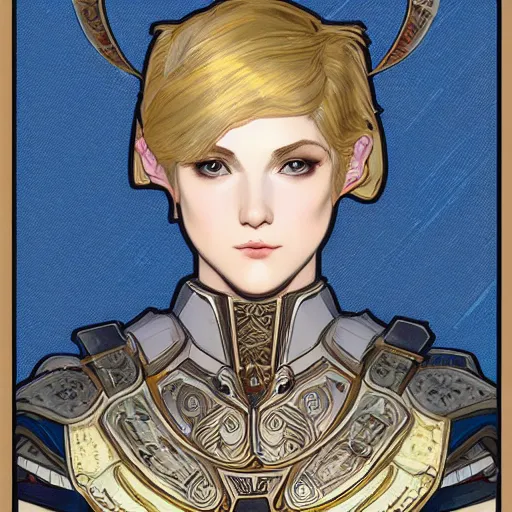 Prompt: young paladin woman, short blonde hair, plate chest armour, symmetrical portrait RPG avatar, by Mucha, intricate, 8k,