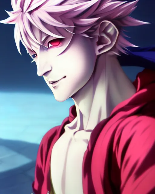 Image similar to extremely attractive soft feminine male jester / fool anime character screenshot, nagito komaeda and hisoka, anime, intricate, sharp focus, illustration, highly detailed, digital painting, cell shaded, concept art, matte, male art by ilya kuvshinov and kyoto animation and wlop, ruan jia and greg rutkowski, studio quality, masterpiece