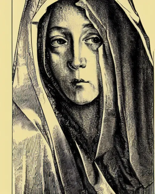 Image similar to an engraving portrait of mary mother of christ, by albrecht durer and virgil finlay, intricate details, fine inking lines, hd, 4 k, photorealistic