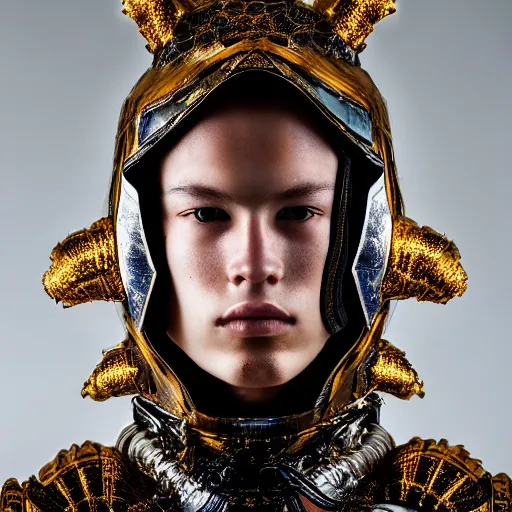 Prompt: a portrait of a beautiful young male wearing an alexander mcqueen armor made of plasma , photographed by andrew thomas huang, artistic